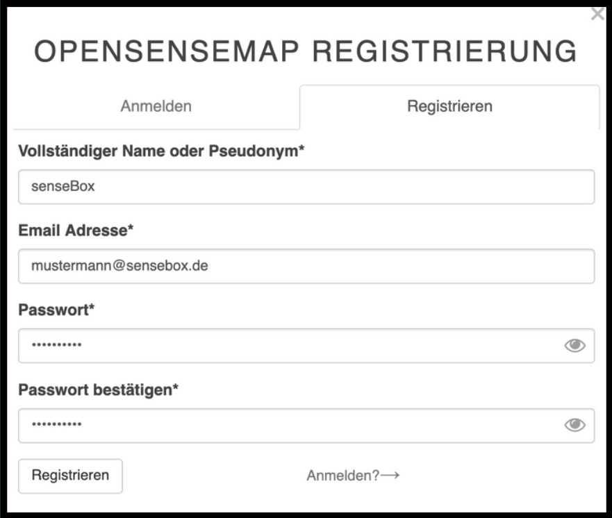 OpenSenseMap Registrierung